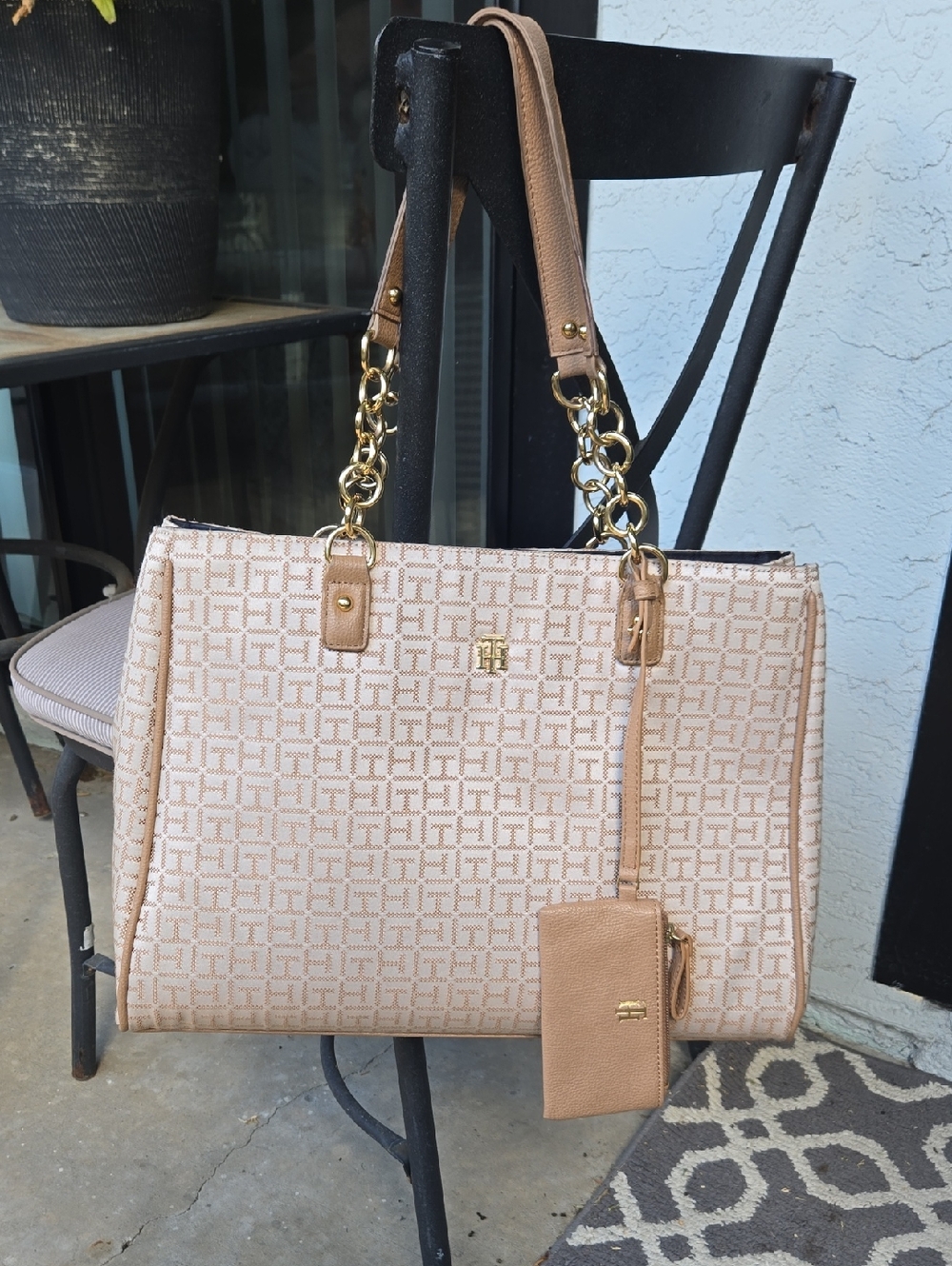 Tommy Hilfiger Beige Monogram Shoulder Bag with Gold Hardware-NWOT